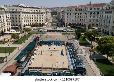 Thessaloniki - Greece June 8, 2018: aerial view of the stadium during the Hellenic championship Beach Volley Masters 2018 at Aristotelous square. Aerial shot