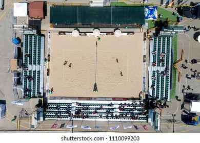 Thessaloniki - Greece June 9, 2018: aerial view of the stadium during the Hellenic championship Beach Volley Masters 2018 at Aristotelous square. Aerial shot