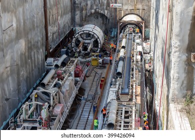 Thessaloniki, Greece - March 28, 2016: Tunnel Boring Machines at construction site of metro in Thessaloniki going back to work after four years