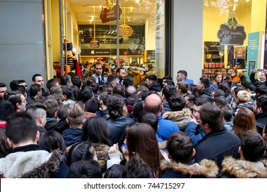 Thessaloniki, Greece - November 25, 2016. People wait outside a department store during Black Friday shopping deals, at the northern Greek city of Thessaloniki.