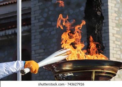 Thessaloniki, Greece, Oct 27, 2017:Winter Olympics torch relay arrived in Thessaloniki.The flame was born in ancient Olympia will travel to North Korea, in Pyongyang for the XXII Winter Olympics 2018.