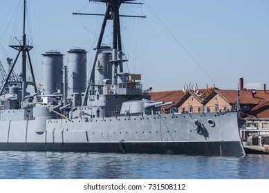 Thessaloniki, Greece - October 10, 2017. The Greek Cruiser Georgios Averof Docked At The Port Of Thessaloniki. The Ship Served As The Greek Flagship During Most Of The First Half Of The Century.