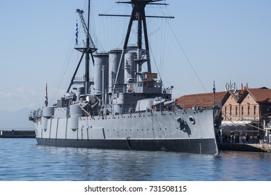 Thessaloniki, Greece - October 10, 2017. The Greek Cruiser Georgios Averof Docked At The Port Of Thessaloniki. The Ship Served As The Greek Flagship During Most Of The First Half Of The Century.