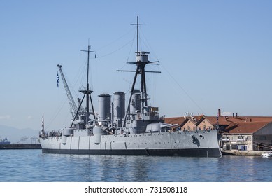 Thessaloniki, Greece - October 10, 2017. The Greek Cruiser Georgios Averof Docked At The Port Of Thessaloniki. The Ship Served As The Greek Flagship During Most Of The First Half Of The Century.