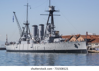 Thessaloniki, Greece - October 10, 2017. The Greek Cruiser Georgios Averof Docked At The Port Of Thessaloniki. The Ship Served As The Greek Flagship During Most Of The First Half Of The Century.