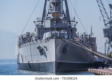 Thessaloniki, Greece - October 10, 2017. The Greek Cruiser Georgios Averof Docked At The Port Of Thessaloniki. The Ship Served As The Greek Flagship During Most Of The First Half Of The Century.