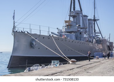 Thessaloniki, Greece - October 10, 2017. The Greek Cruiser Georgios Averof Docked At The Port Of Thessaloniki. The Ship Served As The Greek Flagship During Most Of The First Half Of The Century.