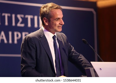 Thessaloniki, Greece - October 22, 2019. Greek Prime Minister Kyriakos Mitsotakis Holds A Speech During An Official Dinner.