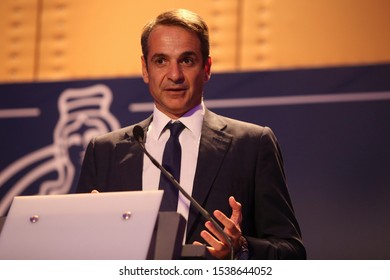 Thessaloniki, Greece - October 22, 2019. Greek Prime Minister Kyriakos Mitsotakis Holds A Speech During An Official Dinner.