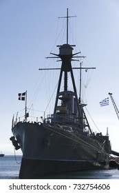 Thessaloniki, Greece - October 9 2017: Greek Warship Averof Moored At Port. Launched In 1910, G. Averof Is A Modified Armored Cruiser Into A Battleship, Moored For October 2017 At City Port.