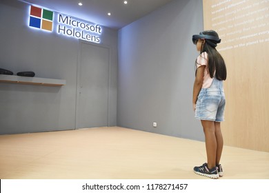 Thessaloniki, Greece - September 10, 2018. A Girl Uses Virtual Reality At The Microsoft Exhibition Stand In Thessaloniki International Trade Fair 2018.