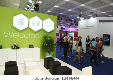 Thessaloniki, Greece - September 10, 2018. People Walk Past The Intel Exhibition Stand In Thessaloniki International Trade Fair 2018.