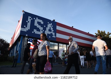 Thessaloniki, Greece - September 10, 2018. People Walk Past The U.S.A. Exhibition Facilities In Thessaloniki International Trade Fair 2018.