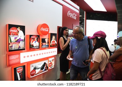 Thessaloniki, Greece - September 10, 2018. People Visit The Coca Cola Exhibition Stand In Thessaloniki International Trade Fair 2018.