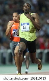 THESSALONIKI, GREECE - SEPTEMBER 12: Usain Bolt finishes first at 100m men for the IAAF World Athletics Finals main event at Kaftatzoglio Stadium on September 11, 2009 in Thessaloniki, Greece