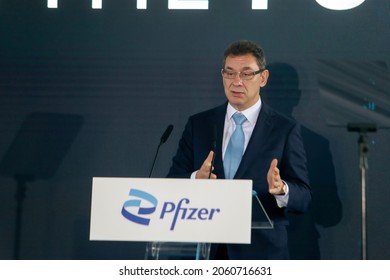 Thessaloniki, Greece,12 October 2021: Pfizer CEO Albert Bourla during the opening ceremony of the company's new center for Digital Innovation and Business Operations and Services