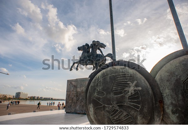 Thessaloniki, Macedonia / Greece - 10 03 2019: Alexander the Great riding a horse monument, main city square 