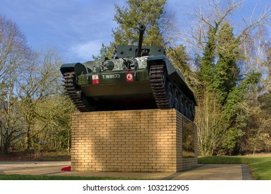 Thetford Forest, In Norfolk, England – February 16 2018: British Cromwell Tank ‘Little Audrey’ Commemorates The 7th Armoured Division, ‘The Dessert Rats’, Who Waited Here Before The Normandy Landings.