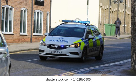 Thetford Norfolk UK May 2019 Police Car On A 999 Call Out In The Town Center 