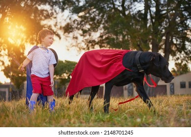 Theyre Making Headlines. Shot Of A Little Boy And His Dog Wearing Capes While Playing Outside.