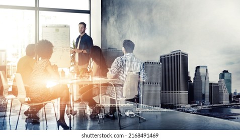 Theyre A Team That Knows Only Of Succeeding. Digitally Enhanced Shot Of A Businessman Giving A Presentation In The Boardroom.