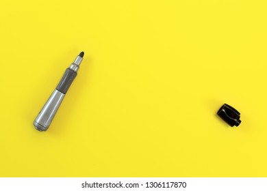 Thick Black Marker Pen With Opened Cap On Yellow Board - Space To Write Your Text, View From Above.