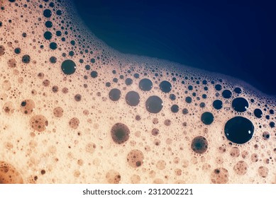 thick bubbling soap suds on the surface of the water. Beautiful bright, trendy colors, gradient from blue to red. Macro. Texture of soap bubbles, foam - Shutterstock ID 2312002221