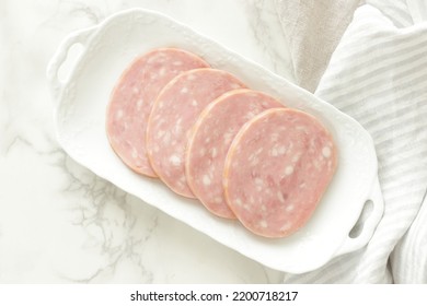 Thick Cut Ham On White Plate With Copy Space