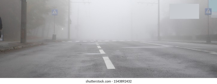 Thick Fog On City Road. Road In The Fog