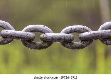 Thick iron chain with water drops on links in the rain on blurred background