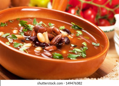 Thick Kidney Bean Soup In Rustic Bowl, Selective Focus Image