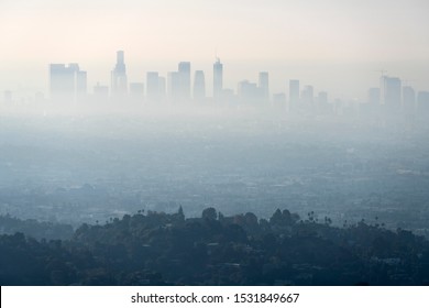 Thick layer of smog and haze from nearby brush fire obscuring the view of downtown Los Angeles buildings in Southern California.   Shot from hilltop in popular Griffith Park.   - Shutterstock ID 1531849667