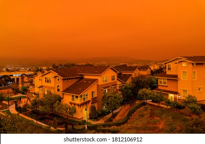 Thick orange haze above San Francisco on September 9 2020 from record wildfires in California, daytime view of ash and smoke floating over the Bay Area