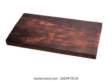 Thick rectangular chopping board made of dark, richly grained wood with a rustic, charred finish, isolated on a white background