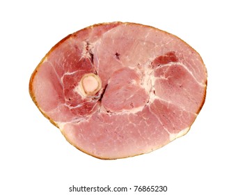 A Thick Slice Of Freshly Cut Ham With Bone In On A White Background.