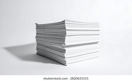A thick stack of blank white paper sheets neatly organized and secured with a rubber band sits on a plain light gray surface casting a subtle shadow.