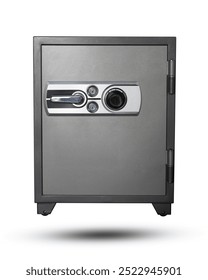 The thick steel safe uses two keys to lock it for security isolated on white background. This has clipping path.