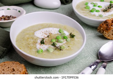 Thick Vegetable Soup With Yogurt On A Green Stone Background. Selective Focus.