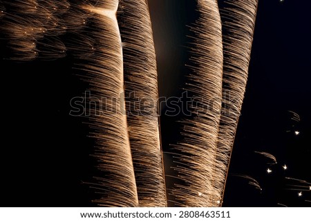 Thick, vertical cascades of golden firework light trails resembling a glowing waterfall against a black night sky.