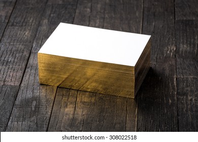 Thick White Cotton Paper Business Card Mock Up With Golden Foil On The Edges