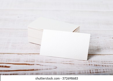 Thick White Cotton Paper Business Card Mock Up On Vintage Wooden Deck