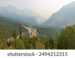 Thick wildfires smoke in Jasper Valley in 2018, Jasper national park, Canada.