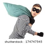 Thief with bag, isolated on white