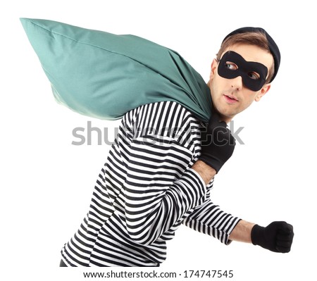 Thief with bag, isolated on white