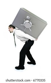 Thief Businessman Lifting Heavy Safe With Money On His Back