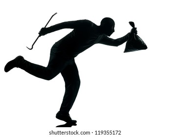 Thief Criminal Running In Silhouette Studio Isolated On White Background In Silhouette Studio Isolated On White Background