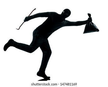 Thief Criminal Running In Silhouette Studio Isolated On White Background In Silhouette Studio Isolated On White Background