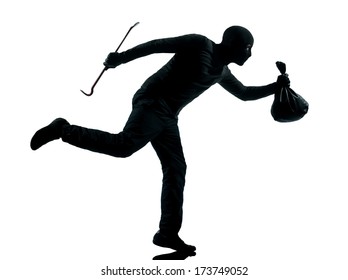 Thief Criminal Running In Silhouette Studio Isolated On White Background In Silhouette Studio Isolated On White Background