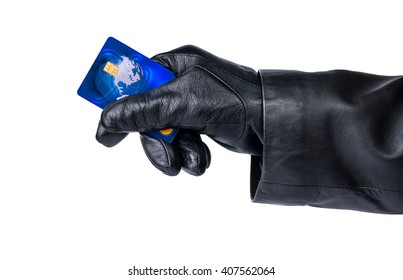 Thief In The Hand Holding The Stolen Credit Card On A White Background