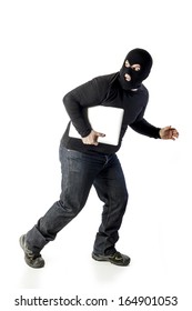 Thief With Laptop On White Background